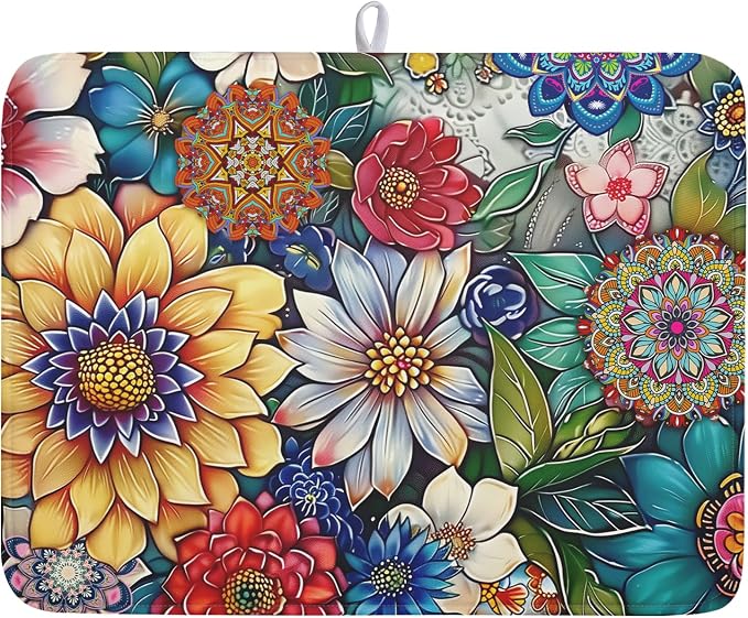 Boho Floral Dish Drying Mat for Kitchen Counter 18x24 Inch Super Absorbent Microfiber Kitchen Drying Mat Bohemian Flower Dish Drainer Rack Mat Reusable Washable Dish Drying Pad for Kitchen Coffee Bar