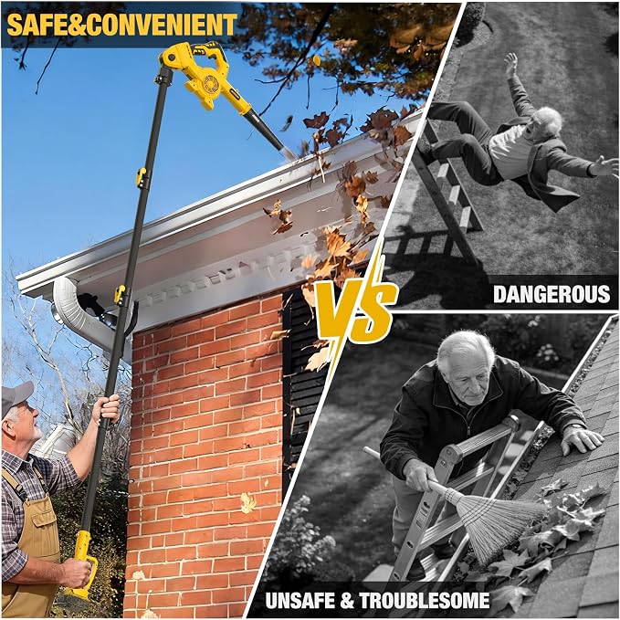 Roof Gutter Cleaning from The Ground, 2-in-1 Cordless Pole Leaf Blower, Handheld & Extension Blower, for Dewalt 20V Battery, Adjustable Angle Nozzle, for Roof, Yard & Patio Cleaning（Tool Only）