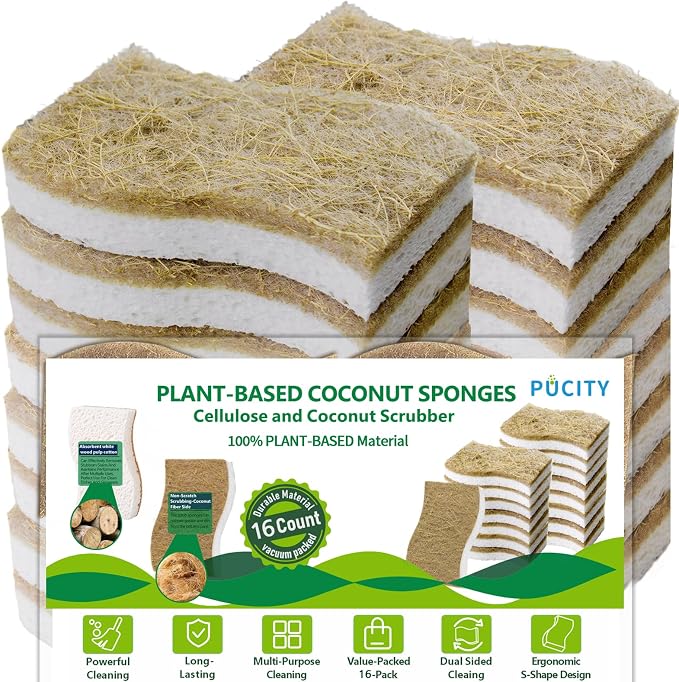 Sponges Kitchen Natural Dish Sponge Plant-Based Biodegradable Compostable Cellulose with Coconut Scrubber Sponge Non Scratch Eco Friendly Kitchen sponges for Kitchen Dishes（Pack of 16）
