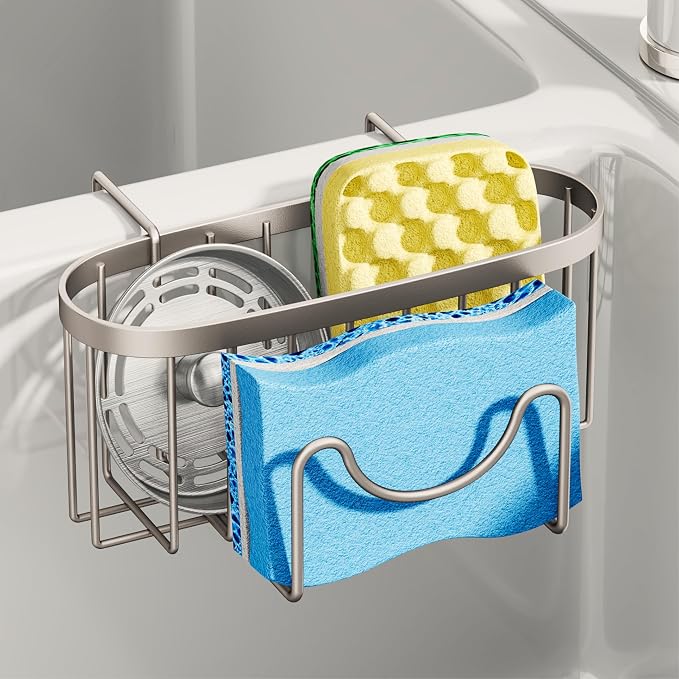 SWTYMIKI Sponge Holder for Kitchen Sink - Movable Kitchen Sink Caddy with M Shape Hook, Stainless Steel Hanging Sponge Caddy for Dish Sponge, Brush, Stopper Organizer in Double Sink, Sand Nickel