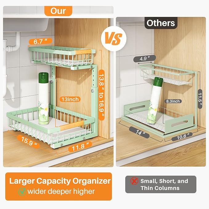 PXRACK Under Sink Organizer, Adjustable Height, 2 Tier Pull Out Under Cabinet Organizer, Slide Out Thickened Metal Under Sink Storage for Kitchen Bathroom Laundry Pantry Cabinet, Green, Large-2-Pack