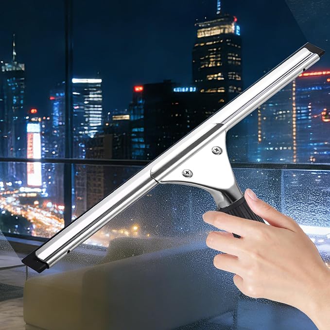 14-Inch Shower Squeegee for Glass Doors, Windows and Mirrors, Stainless Steel Bathroom Water Wiper with Flexible Blade and Ergonomic Handle