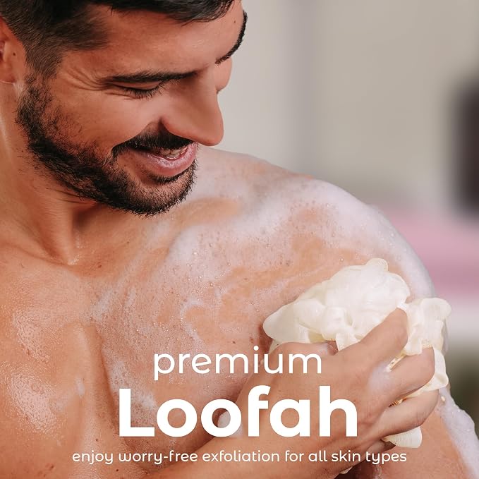 MainBasics Shower Loofah Sponge Pouf, Set of 3, Seaweed Infused | Soft Mesh Body Scrubber and Bath Sponge for Gentle Exfoliation, Rich Lather, and Everyday Shower Use