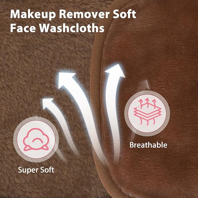 Natwag Makeup Remover Cloth, 6" x 6" Make Up Towels Reusable Face Cloth for Washing Face, Makeup Remover Pads Microfiber Face Washcloth with Mesh Bag, Just Water, 12 Pack, Brown