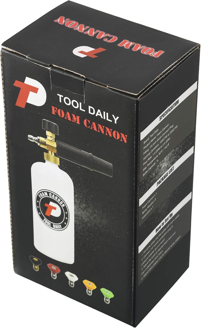 Tool Daily Foam Cannon with 1/4 Inch Quick Connector, 1 Liter, 5 Pressure Washer Nozzle Tips | Foam Cannon for Pressure Washer, 5 Power Washer Nozzle Tips Multiple Degrees for Car Washing