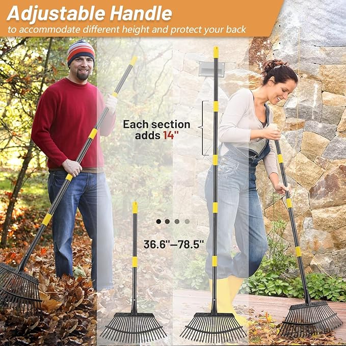 Garden Rake for Leaves - Heavy Duty Metal Leaf Rakes for Yard,Lawn,Shrub,Grass,Mulch,8.5" Small Head,6ft Adjustable Handle for Kids Adults