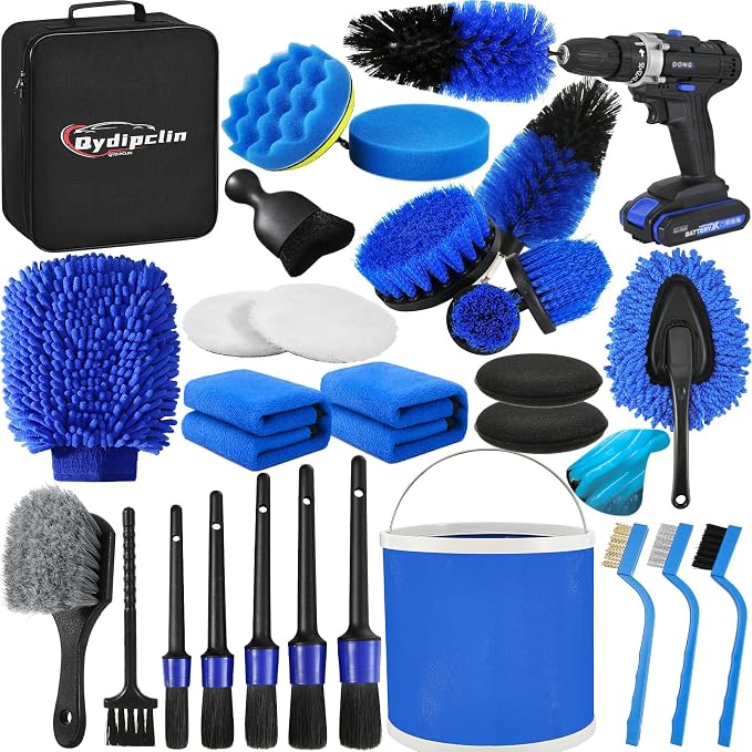Qydipclin 29Pcs Car Detailing Kit, Car Detailing Brush Set, Car Wash Cleaning Kit, Car Detailing Brushes, Professional Car Care Kit for Interior Exterior Wheels, Blue