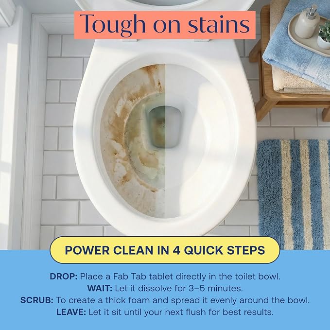 Fab Tab Toilet Cleaner Tablets for Bowl, Powerful Active Toilet Stain and Rust Removal, No Plastic or Harmful Chemicals, Safe for Regular and Septic Tanks, Lemon & Eucalyptus Scent - 20 Pack