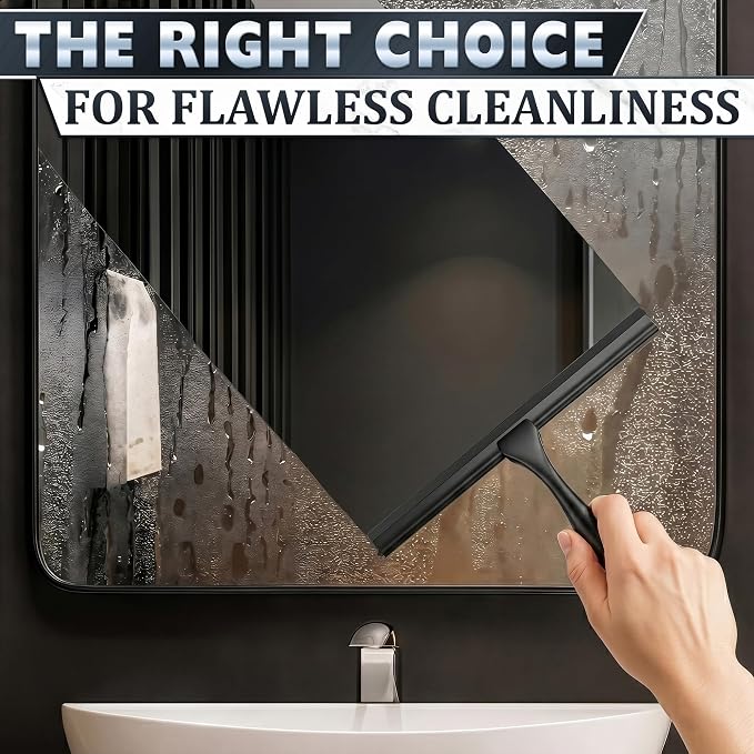 Black Squeegee for Shower Glass, 10" Silicone Blade, Stainless Steel | Shower Door Squeegee with Hook, Adhesive Mount; All-Purpose Bathroom Tile, Mirror, & Window Wiper for Streak-Free Cleaning