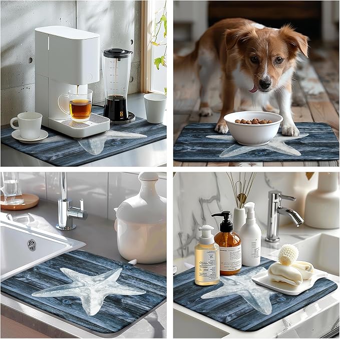 Coastal Starfish Dish Drying Mat Dark Blue Ocean Animal Print Drying Mats Microfiber Reversible Absorbent Dishes Pad Drainer Rack Mats for Kitchen Counter Sink 16x18 Inch