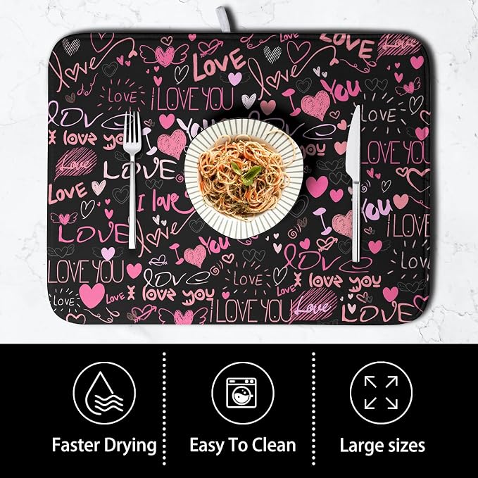 Mother's Day Dish Drying Mat for Kitchen Counter Love Heart Black Drying Mats Absorbent Reversible Microfiber Dish Pad Washable Dish Draining Mat Extra Large 16x18 inch