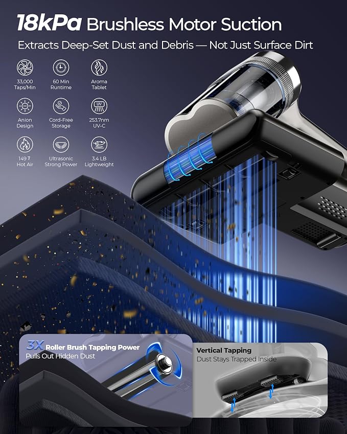 Teant Cordless Mattress Bed Vacuum, 18kPa Suction & LED Display, Model MV01 | Cordless 2-Speed Bed Vacuum, 33000RPM Roller Brush, 253.7nm UV-C, Ultrasonic, HEPA, 149°F Heat, Aroma, Anion for Bed Sofa