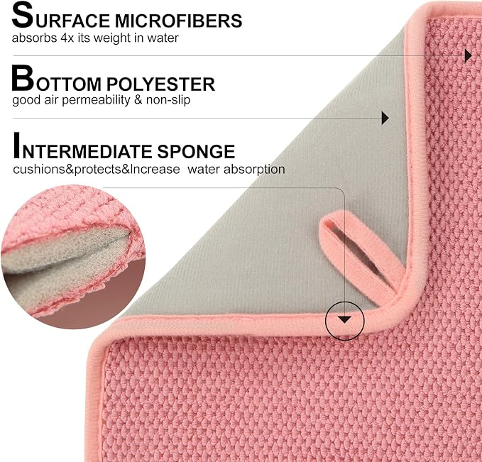 2 Pack Microfiber Dish Drying Mat for Kitchen Counter,Ultra Absorbent Dish Drainer Mat ,Dish Drying Pad , Dish Rack Mat 20×15 Inch (Pink)