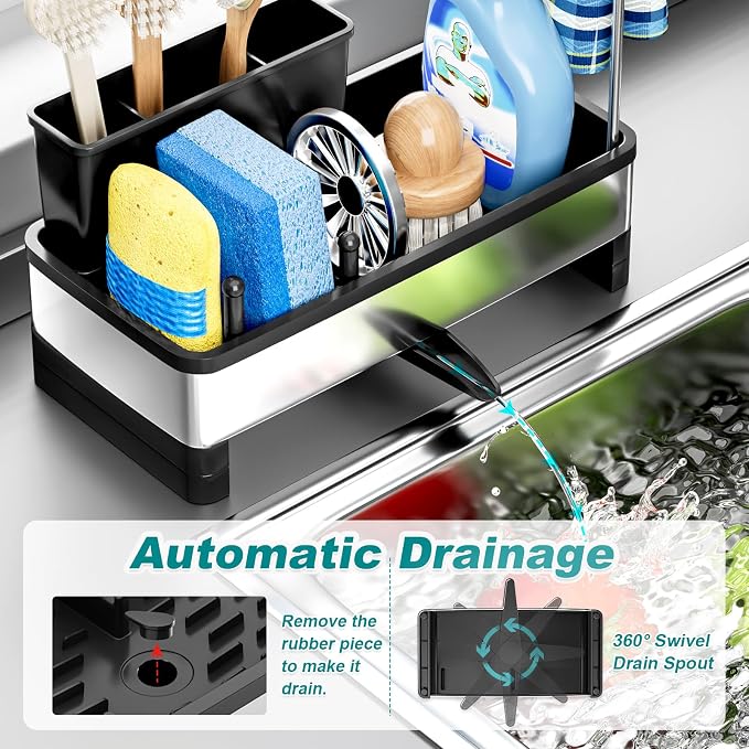 Ewaiira Stainless Steel Sink Caddy, Sponge Holder for Kitchen Sink with Brush Holder and Towel Rack, Sink Organizer for Countertop, Soap Kitchen Organizers Storage Essentials (A-Black)