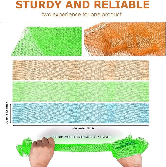 UJFQBH 3 Pieces African Bath Sponge African Net Long Net Bath Sponge Exfoliating Shower Body Scrubber Back Scrubber Skin Smoother,Great for Daily Use (Orange、Blue、Green)