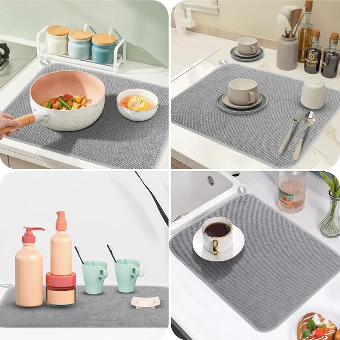GeeRic Microfiber Dish Drying Mat, Super Absorbent Kitchen Dish Drying Pad, Reversible for Countertop, 15*20 inch Gray