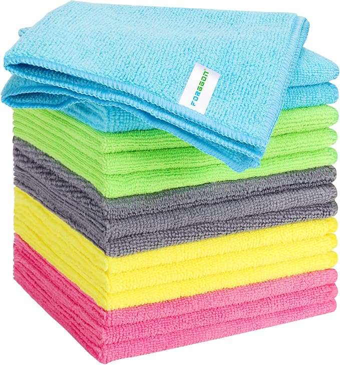 Forggon 15pcs Microfiber Cleaning Cloth Lint Free, Absorbent, Streak Free, Non-Abrasive, Reusable and Washable，Cleaning Towels with 5 Color Assorted,11.5"X11.5"(Green/Blue/Yellow/Pink/Grey)