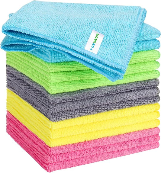 Forggon 15pcs Microfiber Cleaning Cloth Lint Free, Absorbent, Streak Free, Non-Abrasive, Reusable and Washable，Cleaning Towels with 5 Color Assorted,11.5"X11.5"(Green/Blue/Yellow/Pink/Grey)