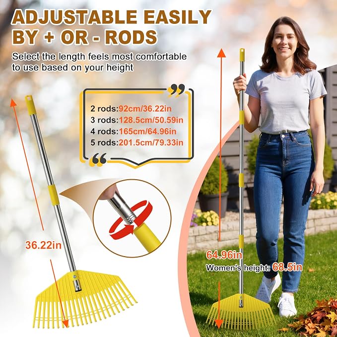 Leaf Rake - 16.5" Wide Nylon Plastic Head,65" Adjustable Handle,Heavy Duty for Leaves,Grass,Pine Needle,Mulch, Small Debris,Lawn-Friendly Tines,Lightweight for Women,Seniors & Kids