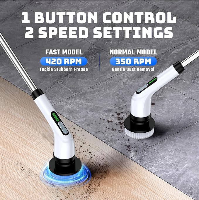 Electric Spin Scrubber for Bathroom: Shower Scrubber with Long Handle | Dual Speed Cordless Power Cleaning Scrub, 7 Brush Heads, IPX7 Waterproof Heavy Duty Cleaner Tools for Tub Tile Grout Wall