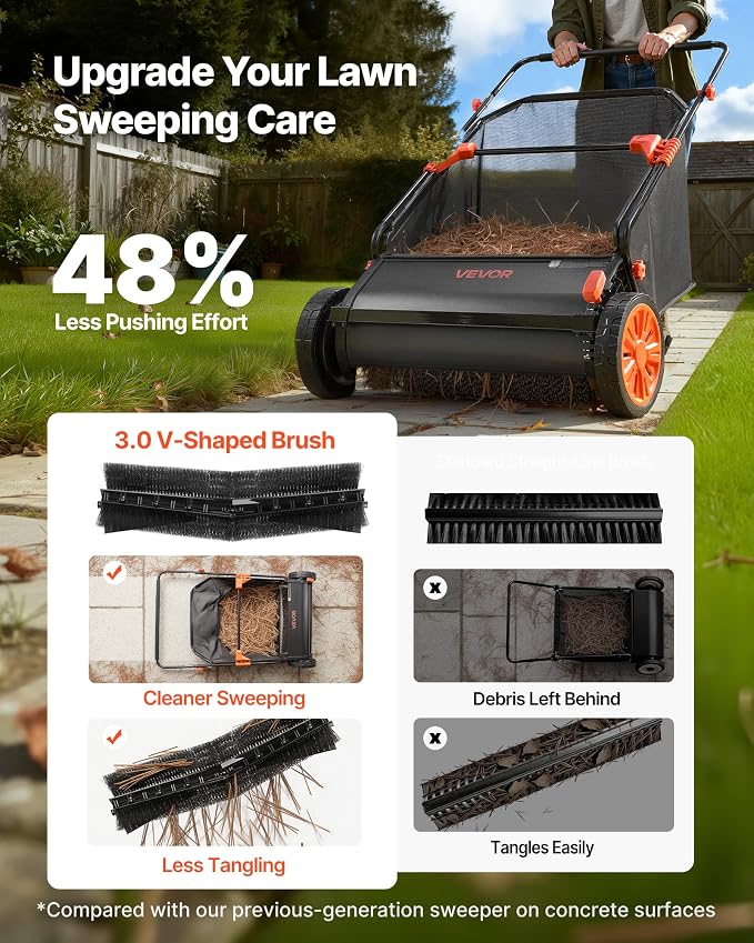 VEVOR Push Lawn Sweeper 26 in Leaf & Grass Collector 7 cu. ft. Hopper Bag | Heavy Duty Yard Sweeper with Adjustable Brush Height, Spinning Brushes, Rubber Wheels for Leaves Grass Cleanup, Black/Orange