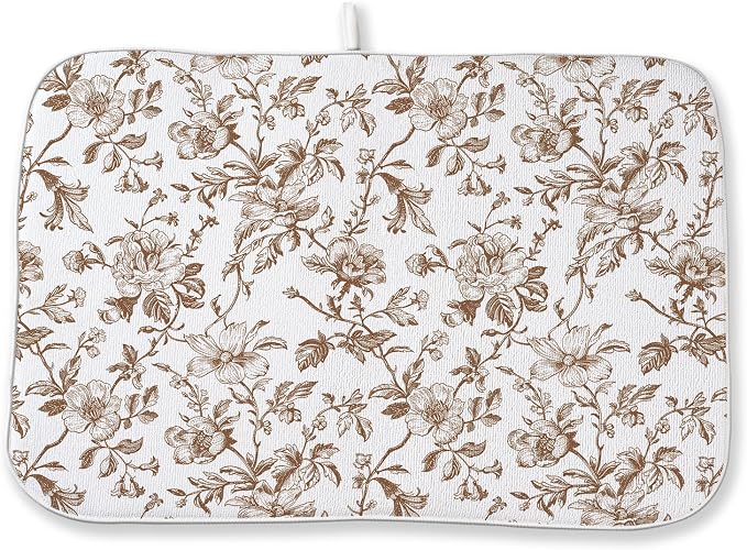 Brown Floral Dish Drying Mat 18x24 Inch Vintage Fall Brown Floral Drying Mat for Kitchen Counter Absorbent Autumn Flowers Dishes Dry Pad for Drainer Rack Kitchen Fast Dry