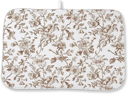 Brown Floral Dish Drying Mat 18x24 Inch Vintage Fall Brown Floral Drying Mat for Kitchen Counter Absorbent Autumn Flowers Dishes Dry Pad for Drainer Rack Kitchen Fast Dry