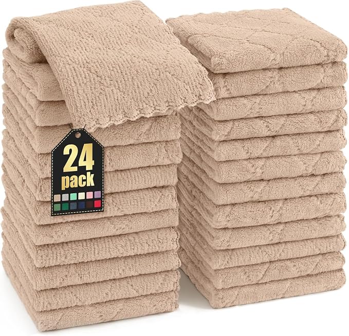 Homaxy 24 Pack Kitchen Dish Cloths (10 x 10 Inches, Tan), Super Soft and Absorbent Coral Velvet Dish Towels, Nonstick Oil Fast Drying Microfiber Cleaning Cloth, No Lint Household Dishcloths
