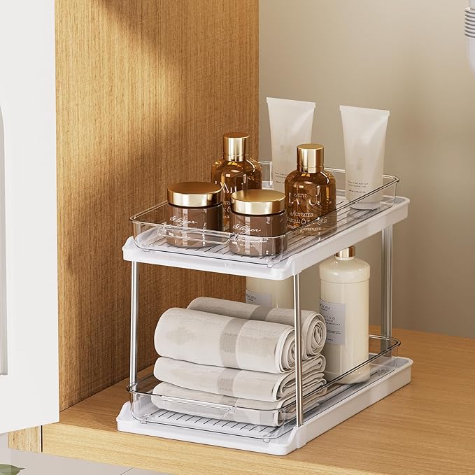 Delamu 2-Tier Bathroom Under Sink Organizers and Storage, Pull Out Cabinet Drawers with Anti-Slip Design, Multi-Purpose Storage for Kitchen, Pantry, Bathroom & Home Organization, White, 1 Pack