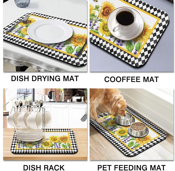 Dish Drying Mat 2-Pack in Sunflower Bee for Kitchen Counter Dishes Mat | Diatom Mud Mats (18x24, 19.5x12"). Non-slip rubber back for kitchen counter, coffee bar & sink scenes