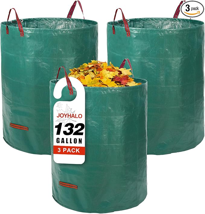 132 Gallon 3 Pack Reusable Lawn Bags for Yard & Garden | Heavy duty, Standable leaf bags, With 4 handles, Includes gloves, Ideal for leaves, Grass clippings, Camping, and recycling
