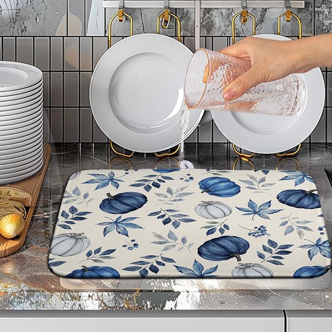 Fall Dish Drying Mat Blue Pumpkin Maple Leaves Drying Mats for Kitchen Counter 16x18 Inch Autumn Thanksgiving Absorbent Microfiber Dish Draining Mat Dishes Pad with Hanging Loop