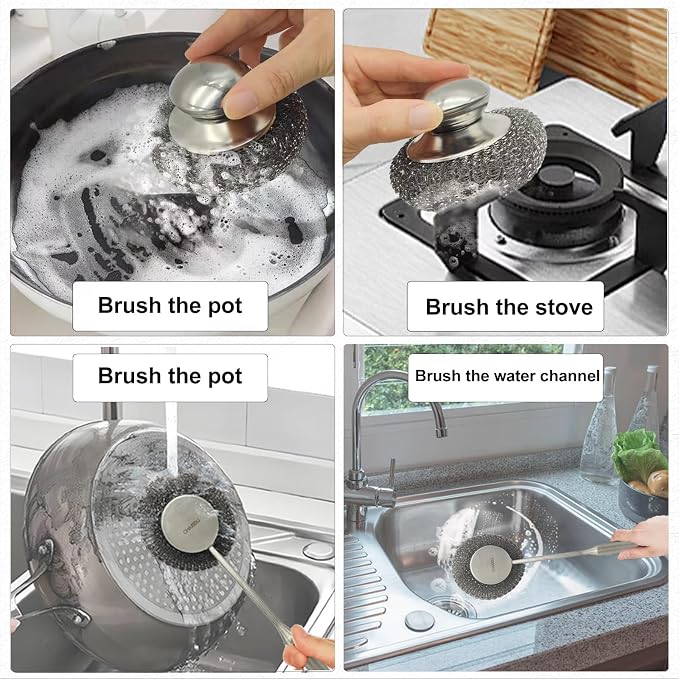 Stainless Steel Wool Scrubber Set, Long HandleBrushes for Pots, Pans, Grills & Cutlery Cleaning (3 Pack)