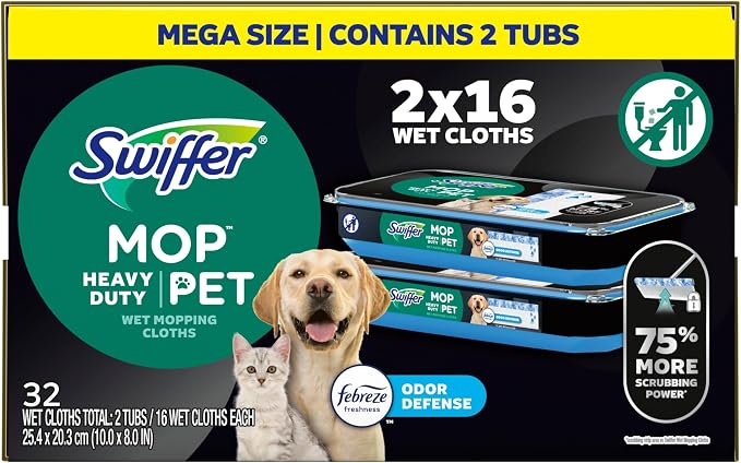 Swiffer Heavy Duty Mop Wet Multi-Surface Cloth Refills for Floor Mopping and Cleaning, Pet with Febreze Odor Defense, 32 count
