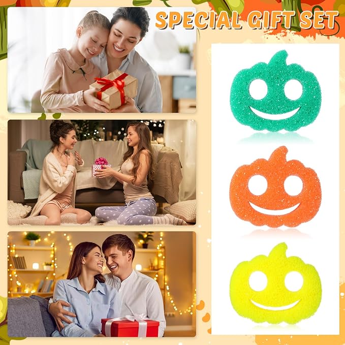 FillTouch 3 Pcs Dual Sided Scrub Sponge Multi Functional Cute Temperature Sensitive Non Scratch Dish Sponge for Washing Dishes Kitchen Bathroom (Thanksgiving Pumpkin,Orange, Yellow, Green)