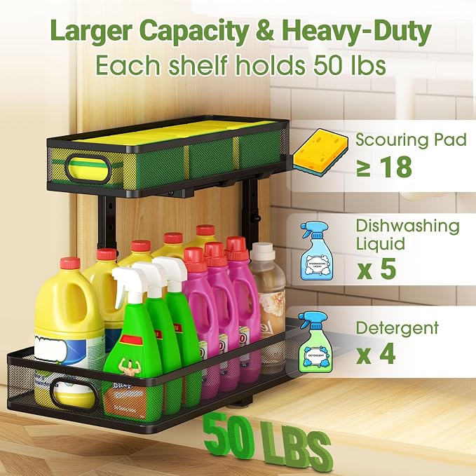 Under Sink Organizer 2-Pack, Metal 2-Tier Pull-Out Cabinet Shelf with Slide-Out Mesh Drawers, Height Adjustable, Space-Saving Under Sink Storage Racks for Kitchen, Bathroom, Laundry Room