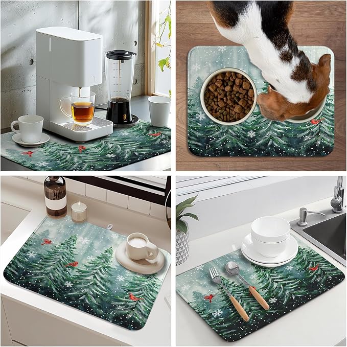 Winter Pines Tree Dish Drying Mats for Kitchen Counter, Christmas Tree Dish Mat Absorbent Reversible Microfiber Dish Drying Pad Winter Kitchen Drying Mat Dish Drainer Rack Mats for Coffee Bar 18"x24"