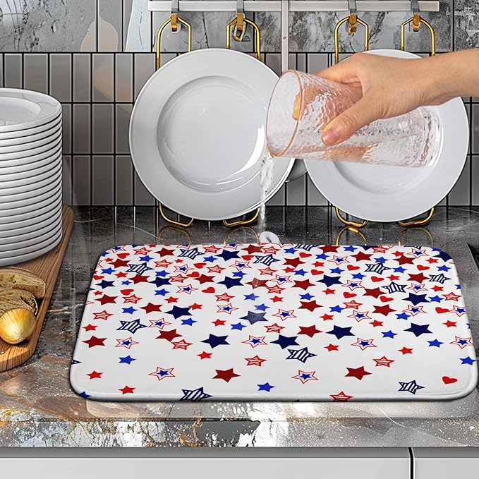 4th of July Dish Drying Mat for Kitchen Counter Patriotic Stars Dishes Drainer Mats Independence Memorial Day Microfiber Absorbent Dish Draining Pad 16"x18"