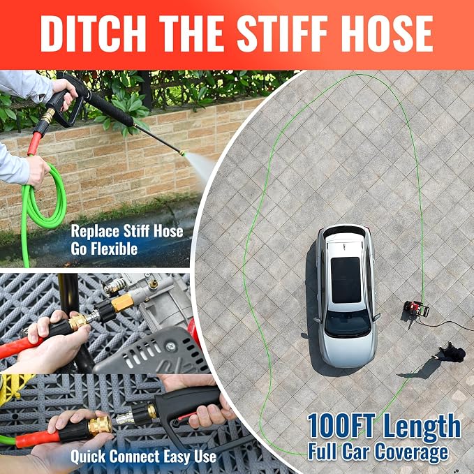 YAMATIC Super Flexible Pressure Washer Hose 100FT for Power Washer Replacement, Kink Resistant Extension With Leak-Free M22-14mm Female & 3/8" Quick Connect Adapters, 1/4" 3200 PSI, Green