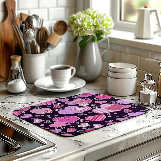 Valentine's Day Pink Love Heart Dish Drying Mat - Black Kitchen Microfiber Absorbent Drainer Rack Pad for Counter Decor - 16x18 In