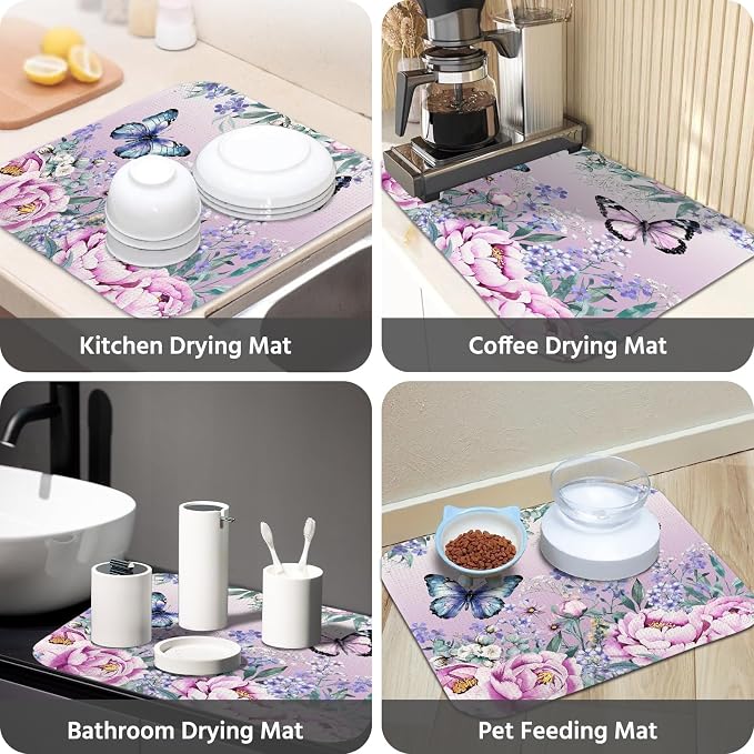 Dish Drying Mat for Kitchen Counter 18x24 Inch, Super Absorbent Dish Drainer Mat, Decorative Microfiber Dishes Drying Pad-Large(Purple Butterfly)