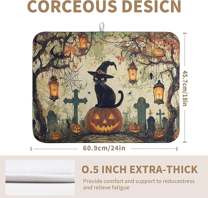 Halloween Dish Drying Mat 18x24 Inch Black Cat Pumpkin Spooky Dish Pad Absorbent Microfiber Dishes Draining Mats Washable Dish Drainer Rack Mat for Kitchen Countertop