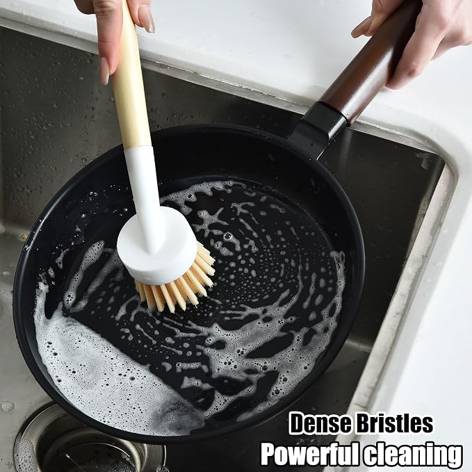 ALINK Dish Brush with Handle and 3 Replacement Heads, Pot and Pan Cleaning Scrub Brush for Kitchen, Sink, Stove, Cast Iron Scrubber