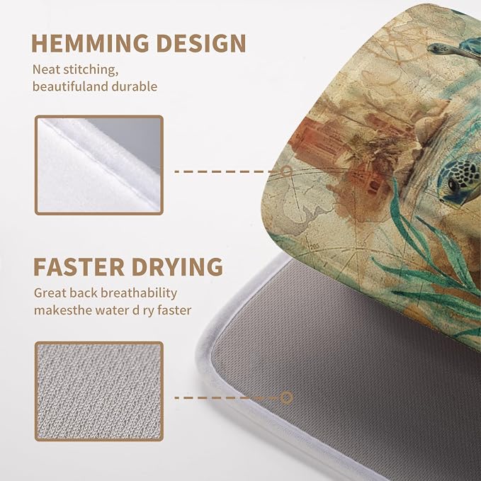 Vintage Ocean Sea Turtle Dish Drying Mats for Kitchen Counter 16 X 18 Inch Summer Turtle Dish Mat Drying Kitchen Mat Nautical Coastal Absorbent Drying Mat with Hanging Loop, 240219