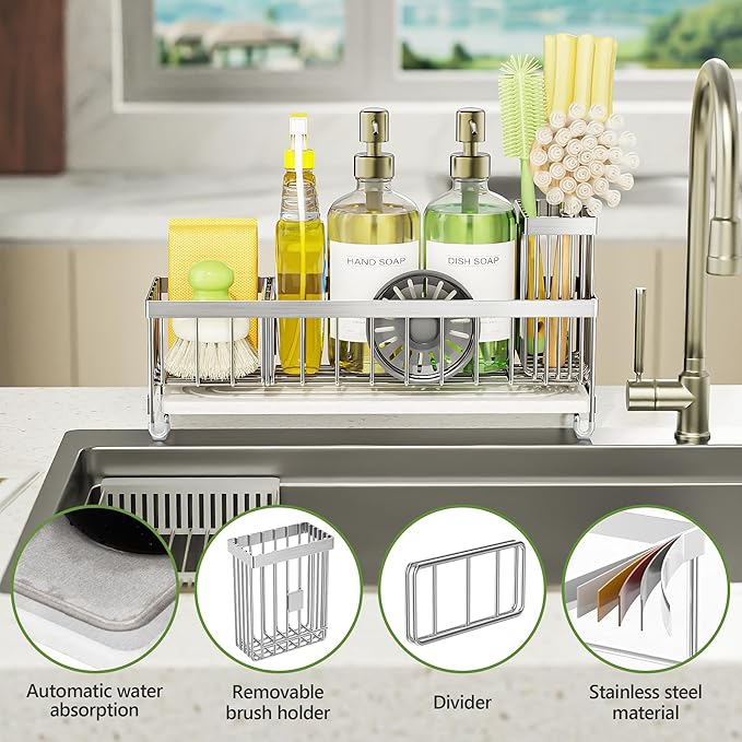 Cisily Extra Large Sink Caddy Organizer with Drying Stone, Silver Sponge Holder for Kitchen, Dish Brush Holder for Countertop, Kitchen Decor Storage and Essentials