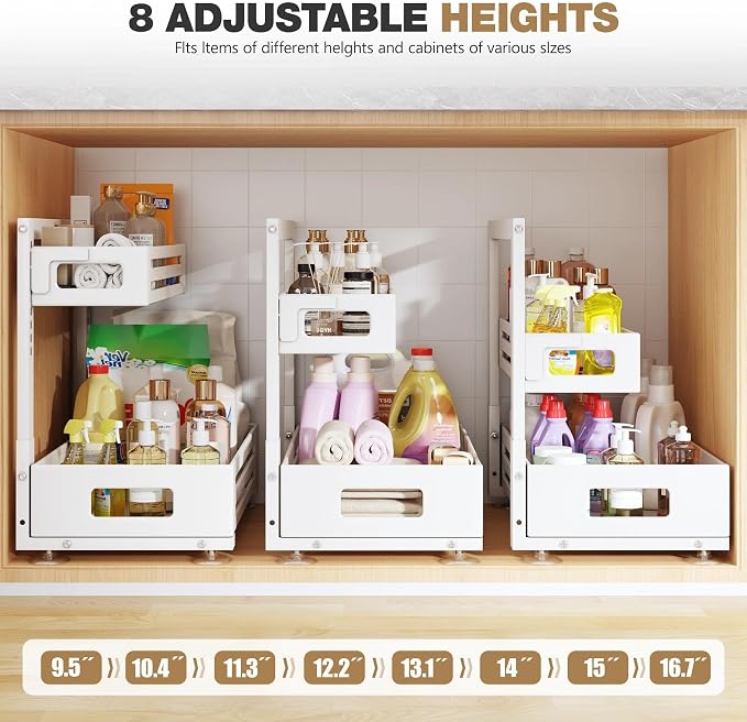 2 Pack 17IN-Depth Under Sink Organizer,Pull Out Cabinet Organizer With Smooth Cylindrical Rail,Metal Slide Out Drawer for Kitchen Bathroom Laundry,8-Level Tool Free Height Adjustable-White