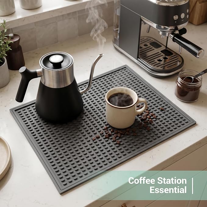 Rubber Bar Mat for Counter, Grey 4 Pack 12"x18" grip-friendly Coffee Bar Mat, Heat Resistant & Spill-proof Countertop Protector Mat for Kitchen, Home Bar, Coffee Station, Easy Clean Dish Drying Mat