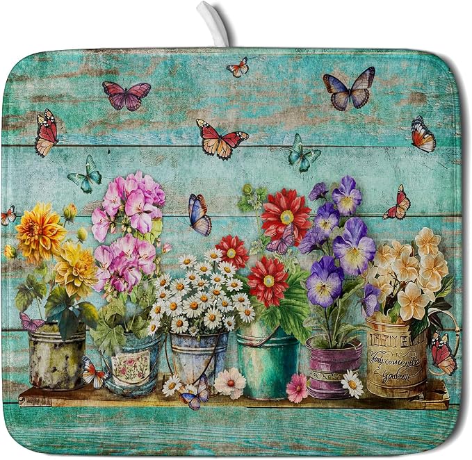 Flower Dish Drying Mat for Kitchen Counter 16x18 Inch Rustic Vintage Microfiber Absorbent Dishes Drainer Mats