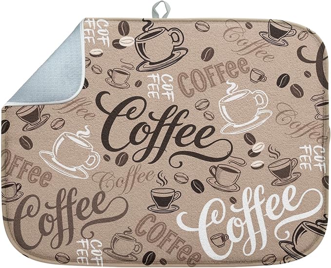 Sanwarm Absorbent Dish Drying Mat, First Coffee Cute Doodle Chalkboard Microfiber Pad for Kitchen Counter, Coffee Bar Decor, Heat Resistant and Reversible, 18" x 24"