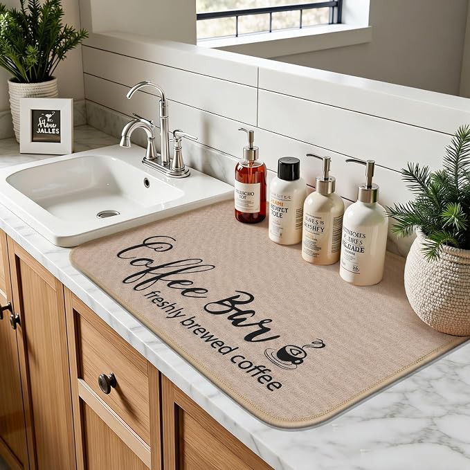 Findosom Dish Drying Mat, 12"x 20" Super Absorbent & Hide Stain Coffee Mat, Cuttable Drying Mat for Kitchen Counter, Coffee Bar Accessories, Under Dish Rack, Coffee Maker, Espresso Machine, Linen